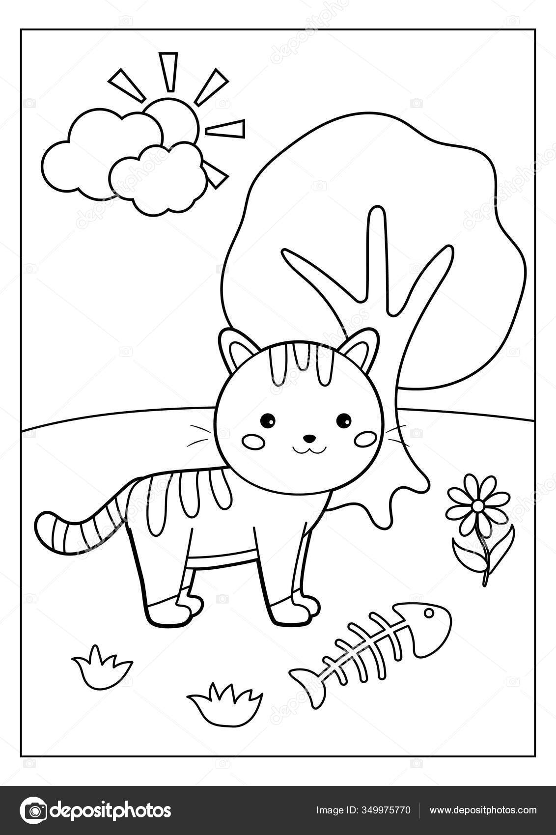 Desenho para colorir com gato e espinha de peixe. Personagem de desenhos  animados Kawaii. Animais de quinta. Jogo educativo . imagem vetorial de  kristina0702© 349975770